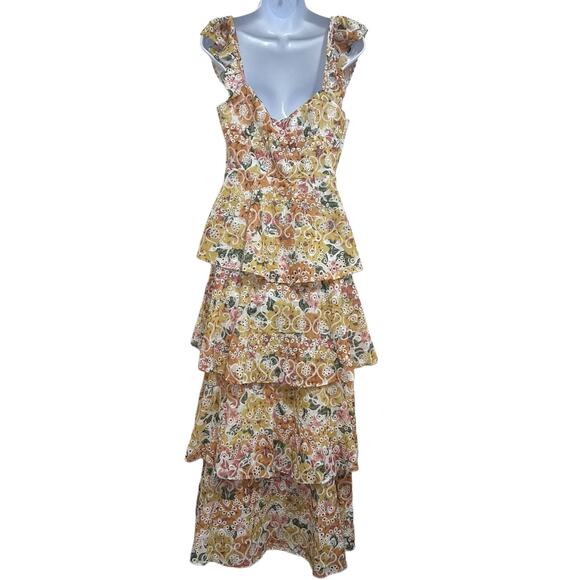 En Saison Presley Midi Dress Tiered Skirt Floral Embroidered M Ruffle Cottage - Picture 3 of 11